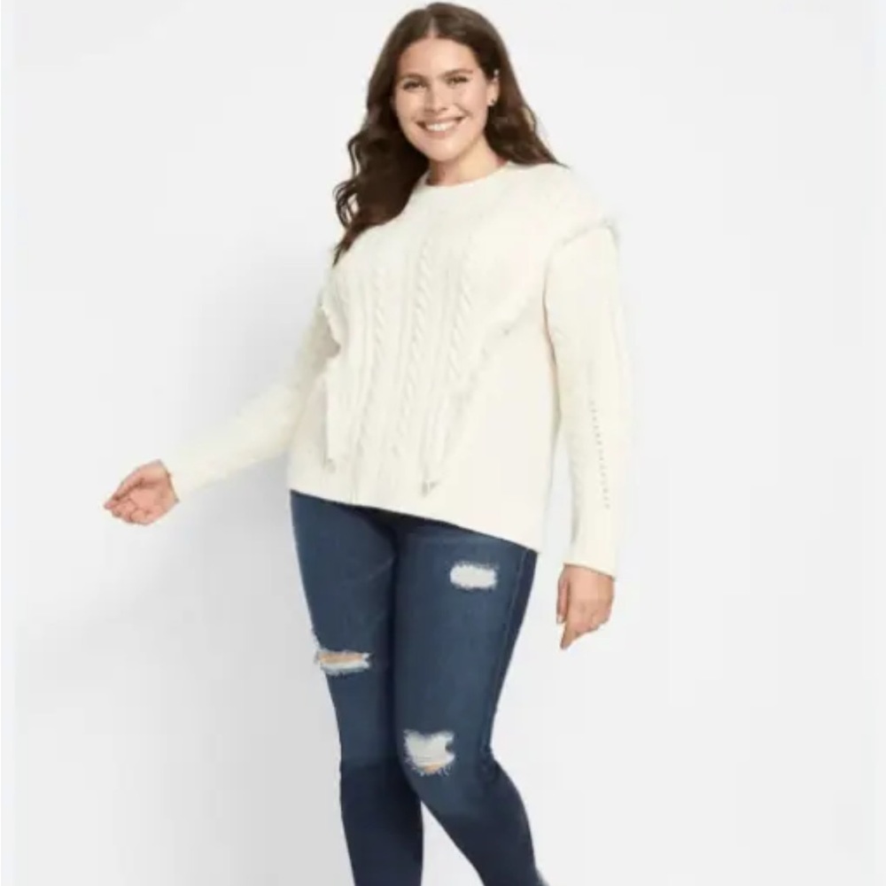 Lane Bryant Size 18/20 Plus Ivory White Fringe Cable Knit Cozy Pullover Sweater